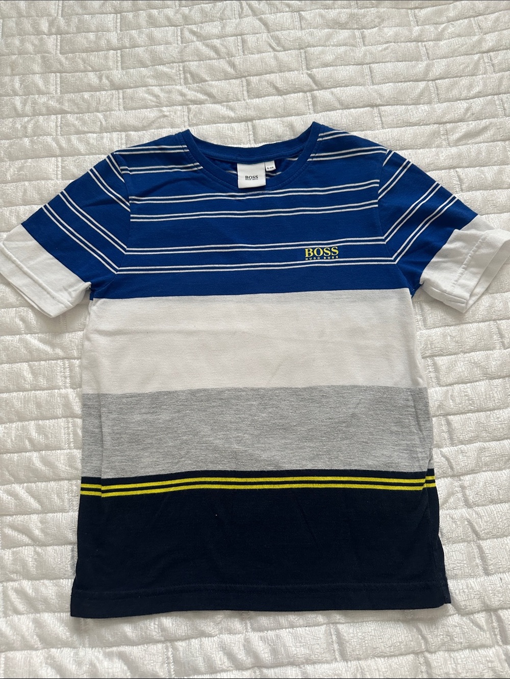 BOSS Boys Short-Sleeve Stripe Tee in Blue, White & Gray with Yellow Accent